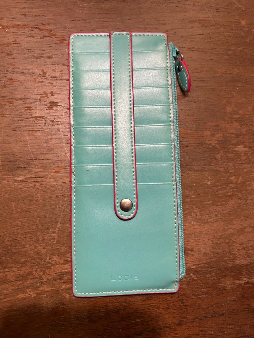 Lodis Teal Card Wallet with Pink Trim and Zip